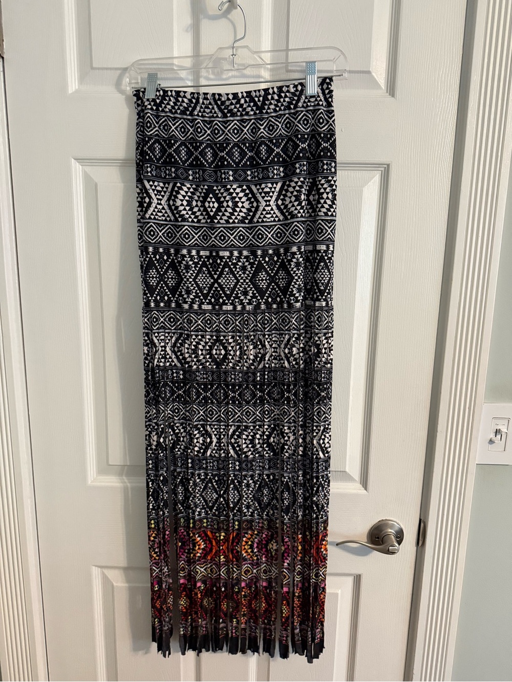 VENUS Black & White Geometric Maxi Skirt with Multi-Color Fringe Hem